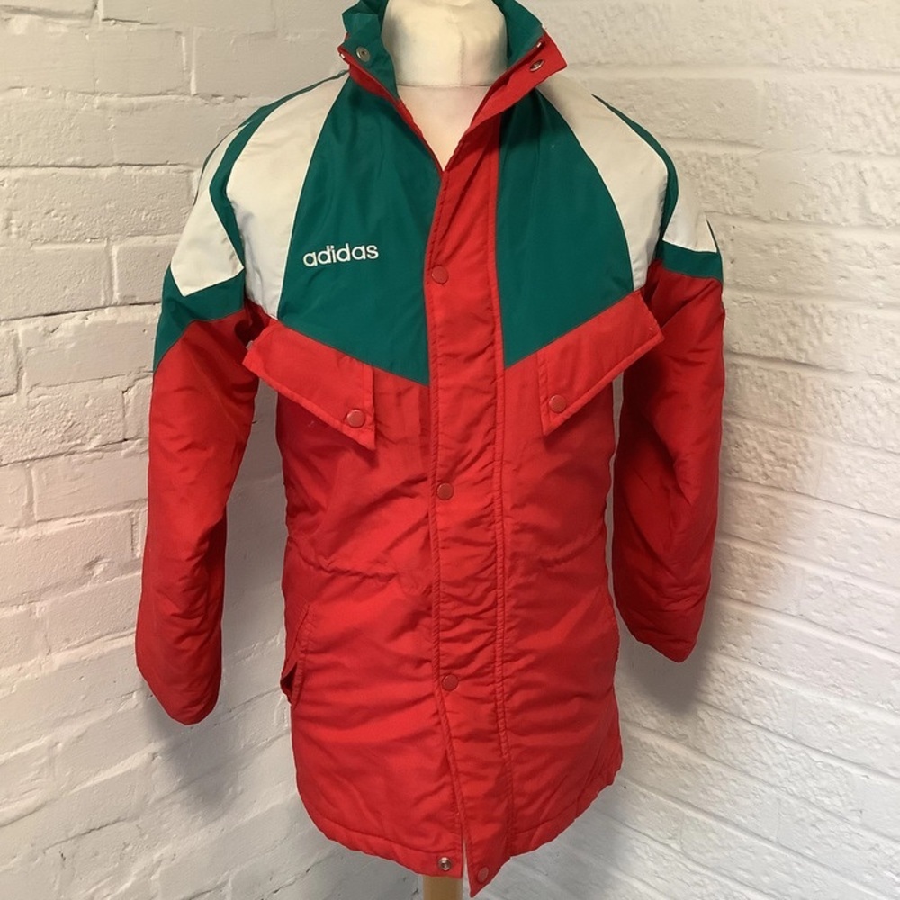 Vintage 80โs Adidas Long Jacket - Size S - Red & Green - P2P 20โ - Picture 1 of 9